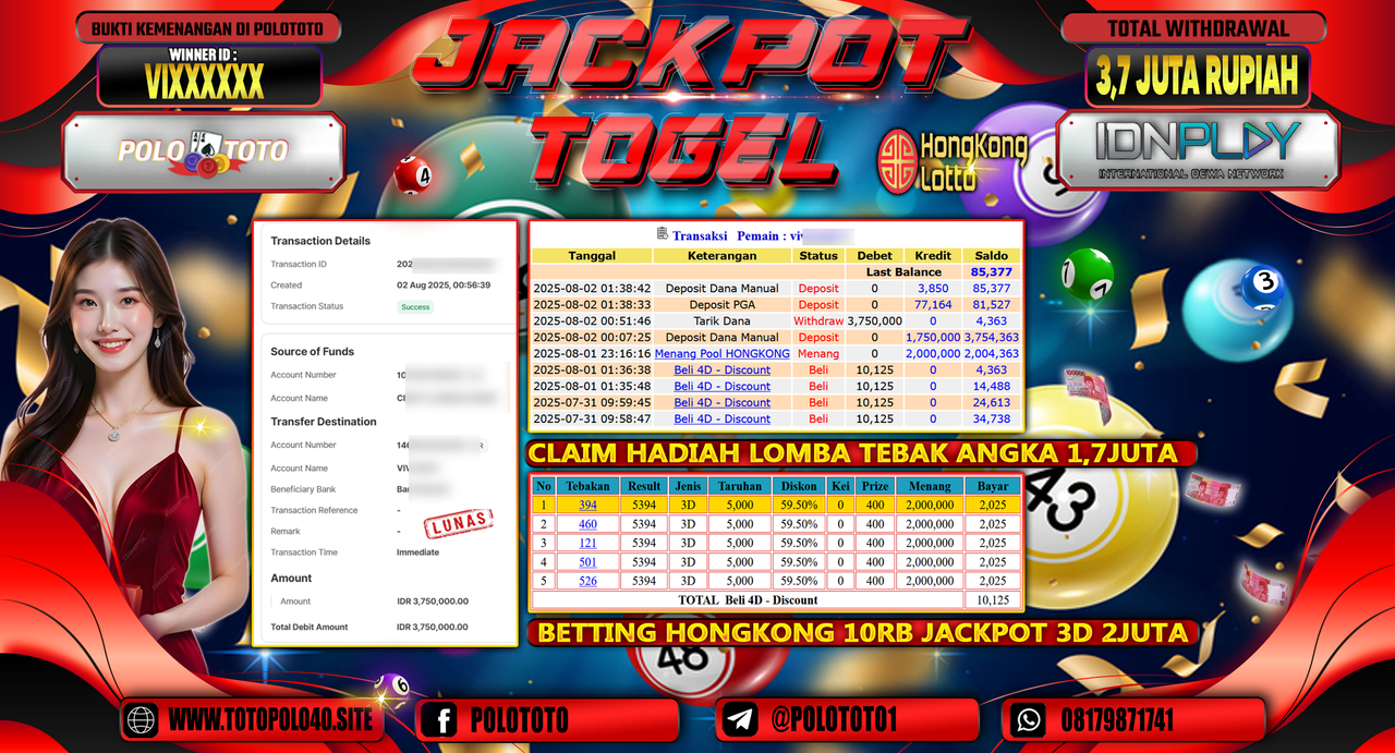 POLOTOTO JACKPOT TOGEL HONGKONG LOTTO Rp.3.700.000,- LUNAS