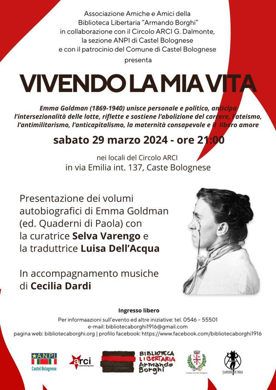 Sabato 29 marzo presentazione dell’autobiografia di EMMA GOLDMAN “Vivendo la mia vita”