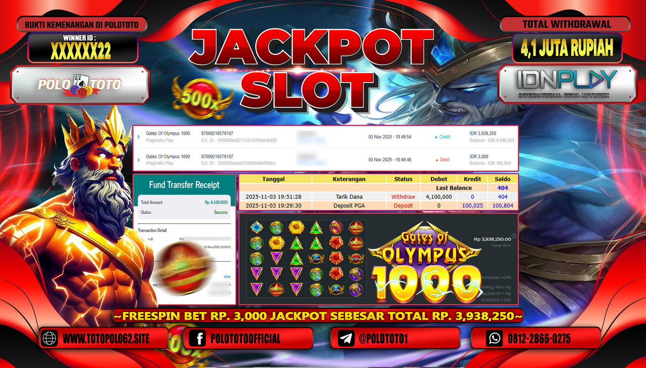 POLOTOTO JACKPOT SLOT GATES OF OLYMPUS 1000 Rp.4.100.000,- LUNAS