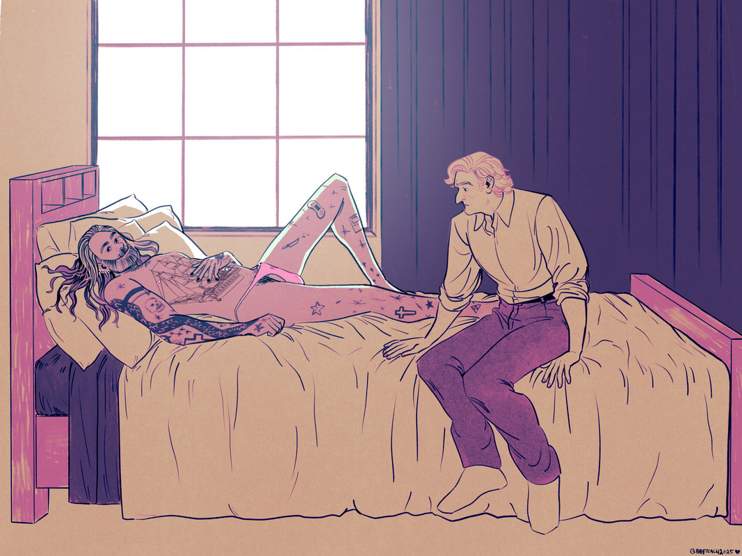 Digital drawing in a faded pink and purple palette. Ed is lying on a bed almost entirely naked apart from a pink g-string barely covering his penis. Stede is sitting on the edge of the bed fully clothed in a lights dress shirt and dark trousers. He's looking at Ed's genitals. A large window behind the bed provides a light source.