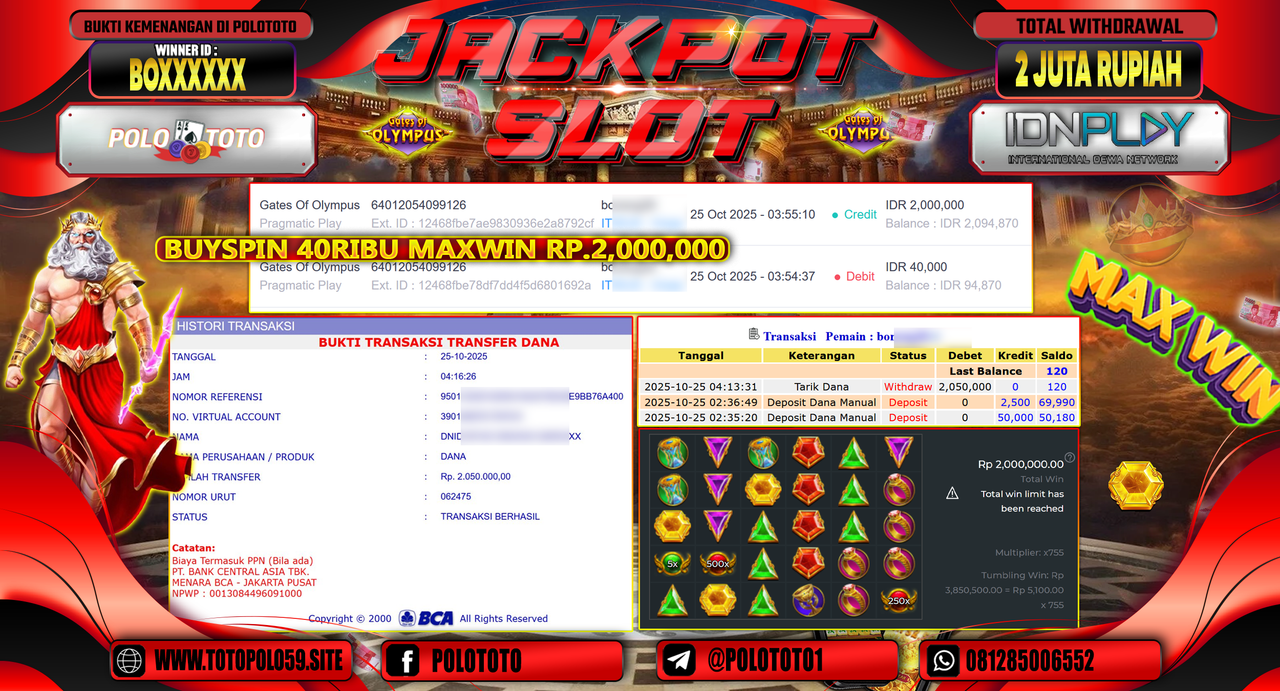 POLOTOTO JACKPOT SLOT GATES OF OLYMPUS Rp.2.000.000,- LUNAS