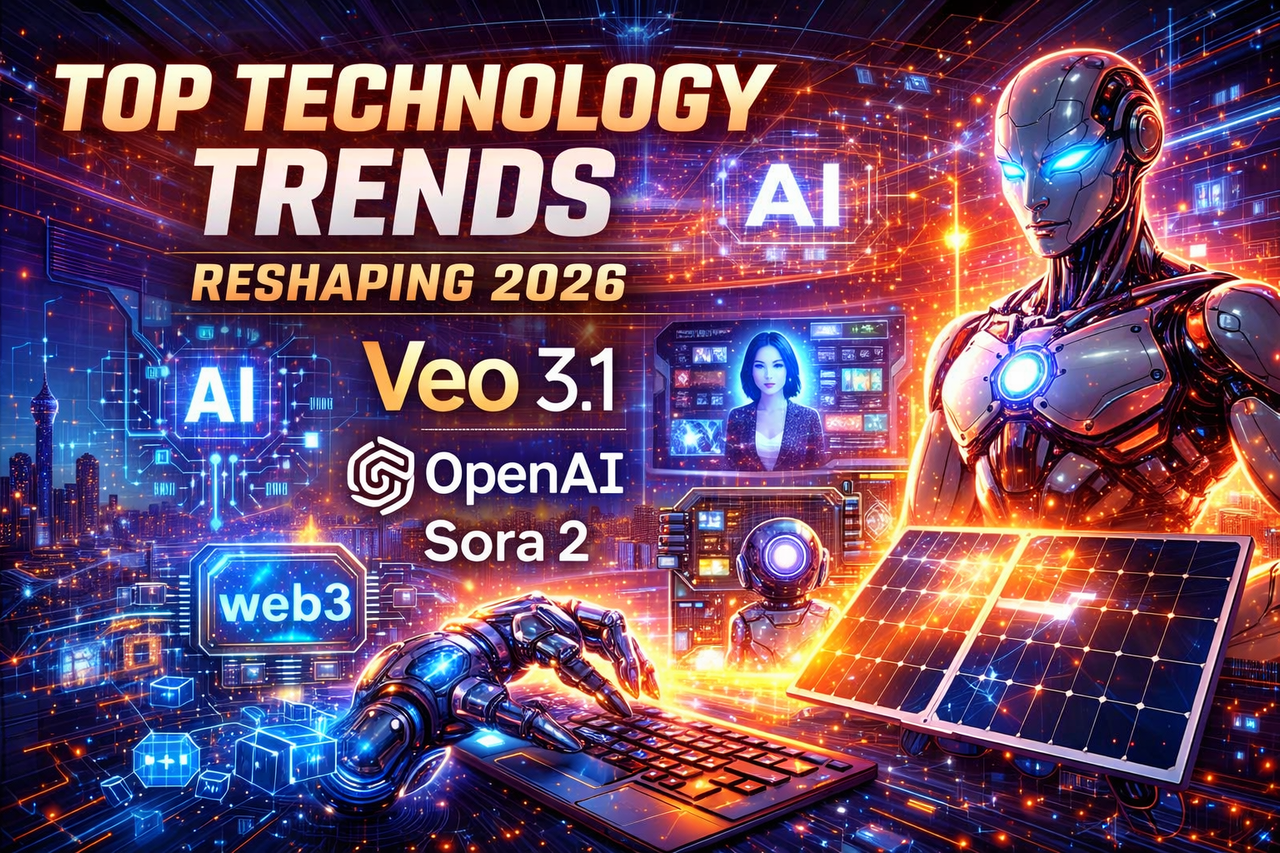 Top technology trends reshaping 2026 including advanced AI agents, Veo 3.1 video AI, OpenAI Sora 2, Web3, and ethical artificial intelligence