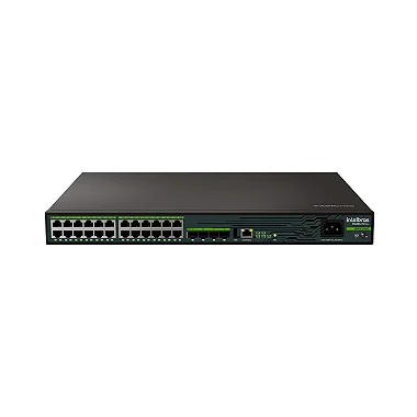 Caixa do Switch Intelbras S3028G-PB Max, mostrando a embalagem e informações do produto.