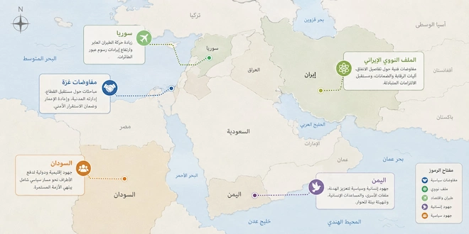 صورة توضيحية لخريطة الشرق الأوسط توضح أبرز الملفات الساخنة في المنطقة، حيث تظهر نقاط تشير إلى مفاوضات غزة، والملف النووي الإيراني، وحركة الطيران في سوريا، والجهود الإنسانية في اليمن، ومساعي الحل السياسي في السودان. (تم توليدها بالذكاء الإصطناعي)