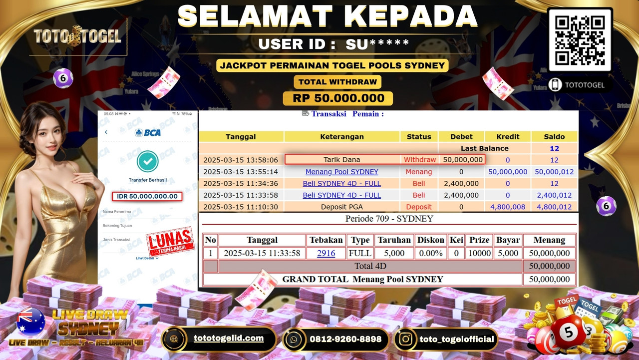 Bukti Pembayaran Jackpot  Permainan Togel Pools Sydney ID:SU***** LUNAS