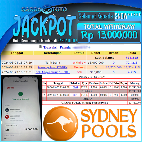 JACKPOT TOGEL DI PASARAN SYDNEY WD Rp 13.000.000,- DIBAYAR LUNAS
