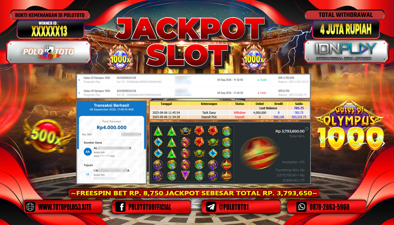POLOTOTO JACKPOT SLOT GATES OF OLYMPUS 1000 Rp.4.000.000,- LUNAS