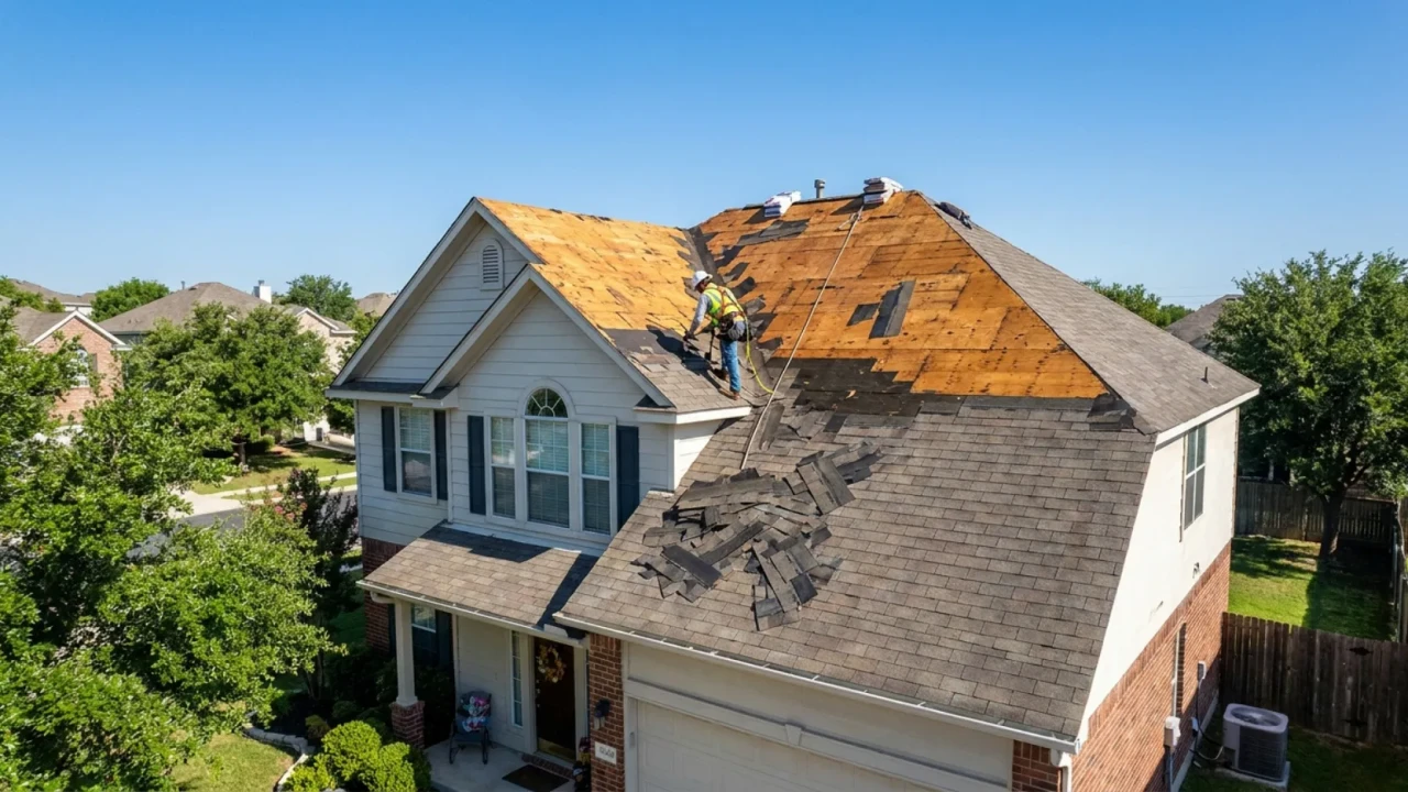 Damaged asphalt shingles being replaced on San Antonio home