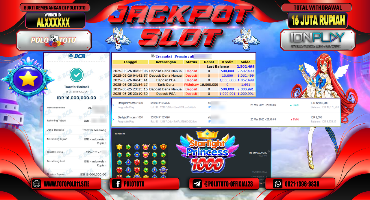 POLOTOTO JACKPOT SLOT STARLIGHT PRINCESS 1000 Rp.16.000.000,- LUNAS
