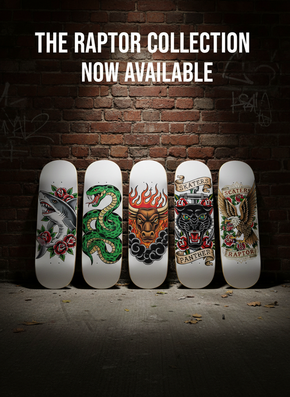 Scaters Raptor Collection Launch Poster - Skater performing high jump with Raptor board