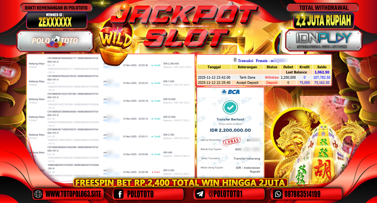 POLOTOTO JACKPOT SLOT MAHJONG WAYS Rp.2.200.000,- LUNAS