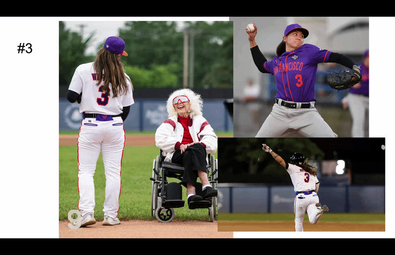 Gif of three images of Kelsie Whitmore, all showing the number 3 on her jersey. An arrow and png of a thumbs up emoji appear beside one, an arrow and a spinning png of a green smiley face appear by the next, and a red circle appears around the number on the third.
