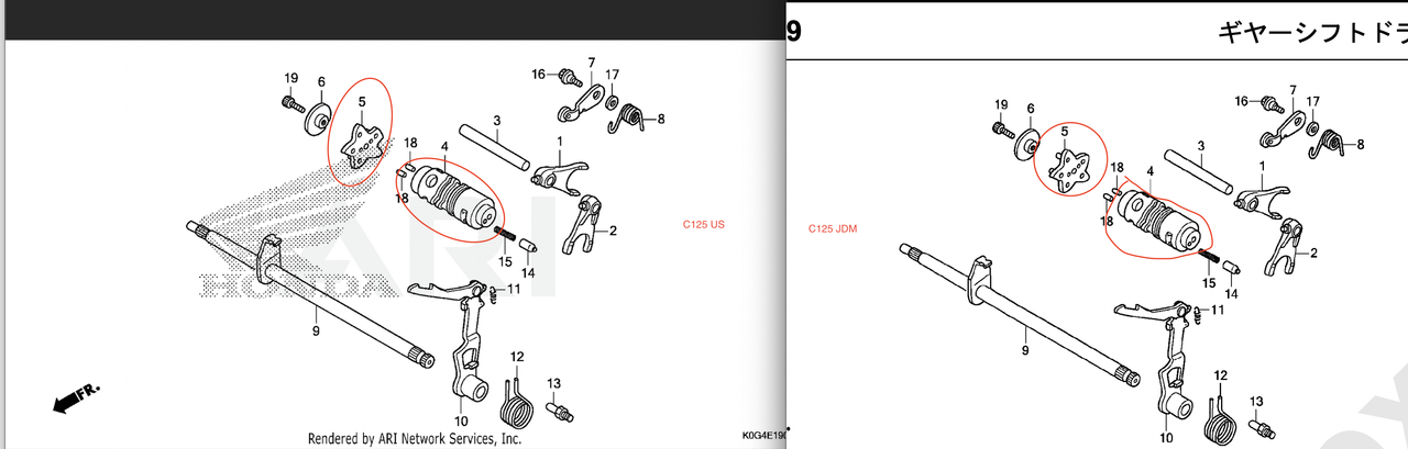 C125 US vs JDM gear shift drum