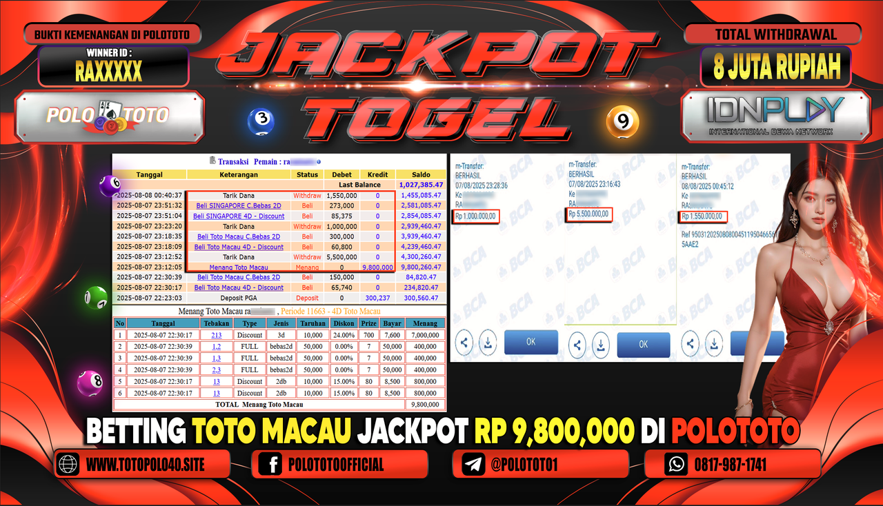 POLOTOTO JACKPOT TOGEL TOTO MACAU Rp.8.000.000,-LUNAS