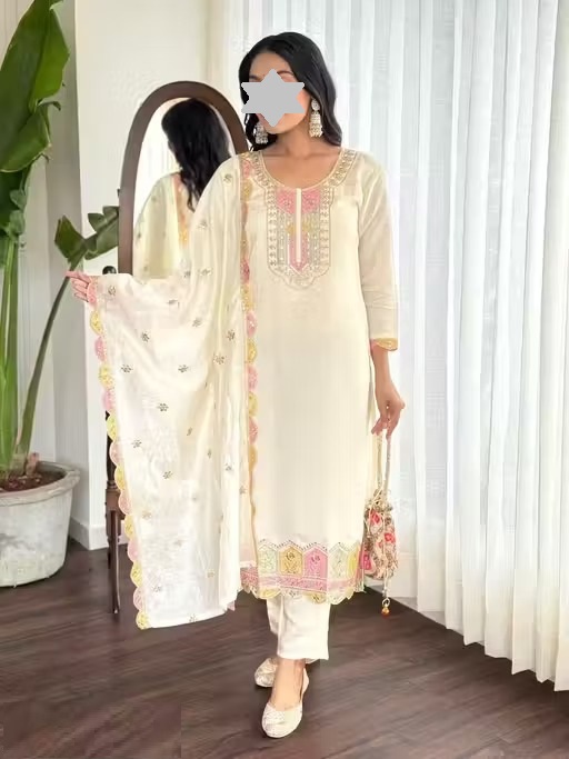 RIVA New Desiner Embrodred Latest Fashion Cream Color Kurti With Bottom Or Dupatta Set Color 1 (KS114)