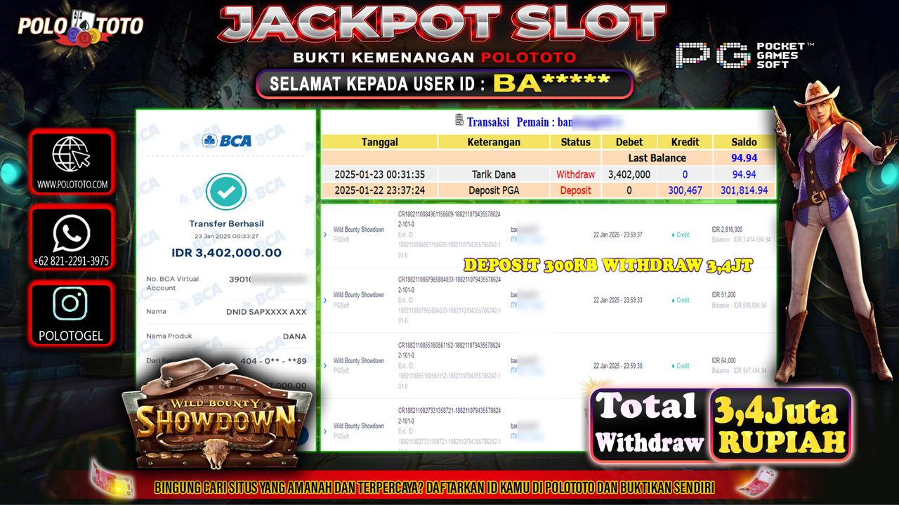 POLOTOTO JACKPOT SLOT WILD BOUNTY SHOWDOWN Rp.3,402.000,-