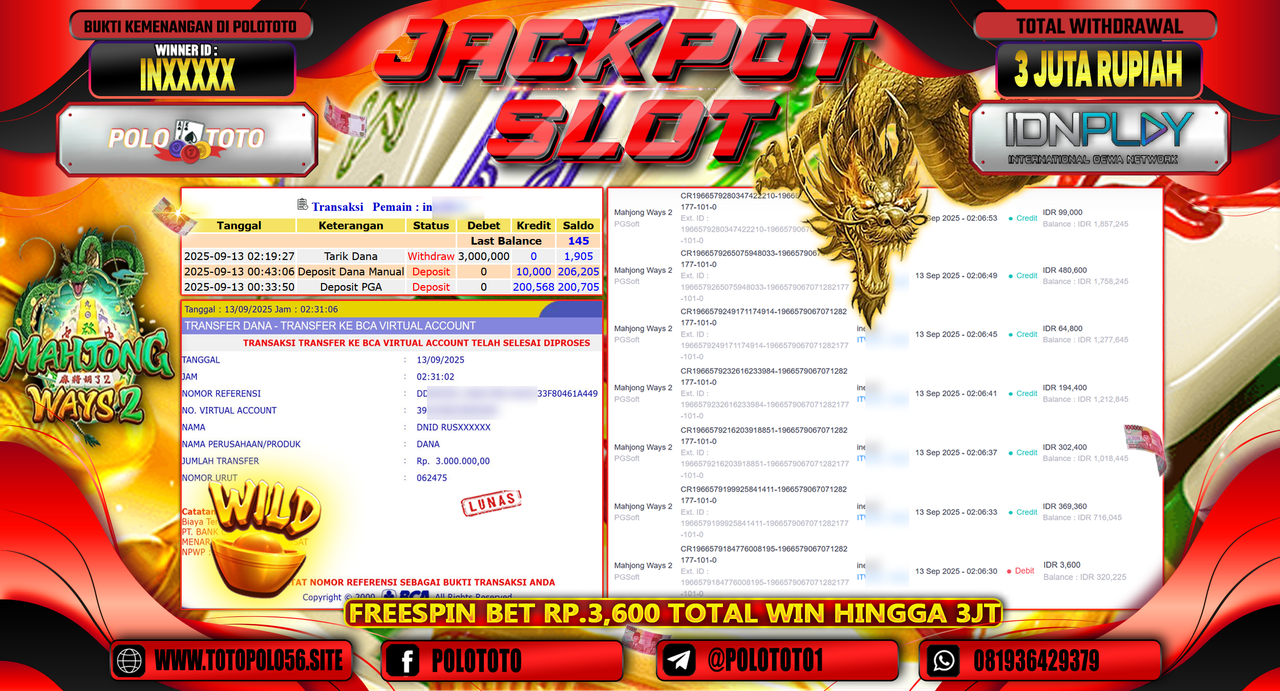 POLOTOTO JACKPOT SLOT MAHJONG WAYS 2 Rp.3.000.000,-