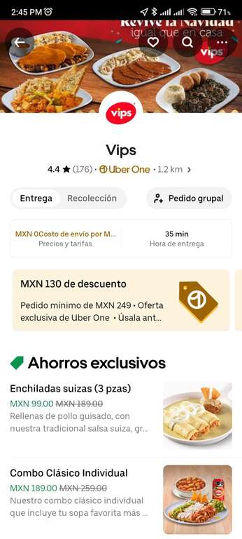 Vips: Combo clásico individual a $59 | Uber One 
