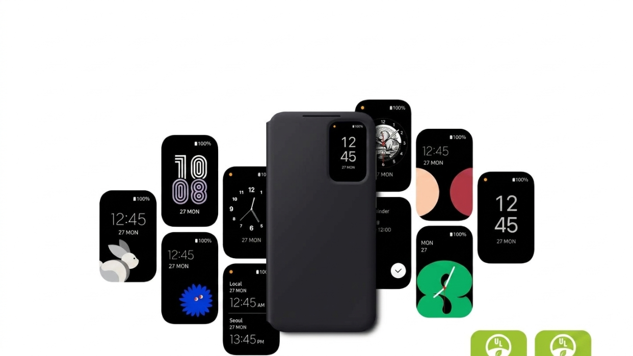 Funda Smart View Wallet Case para Samsung Galaxy S23 FE mostrando la ventana interactiva frontal