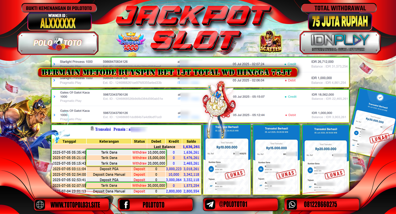 POLOTOTO JACKPOT SLOT STARLIGHT PRINCESS 1000 & GATES OF GATOT KACA 1000 Rp.75.000.000,-