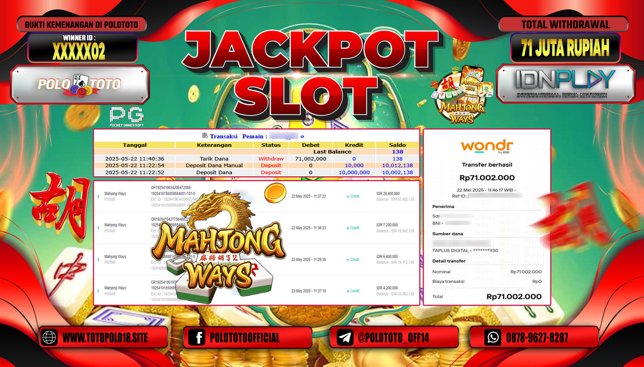 POLOTOTO JACKPOT SLOT MAHJONG WAYS Rp.71.002.000,-
