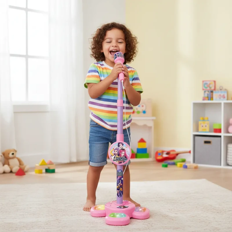 Ni&ntilde;a usando el micr&oacute;fono con pie K-Pop