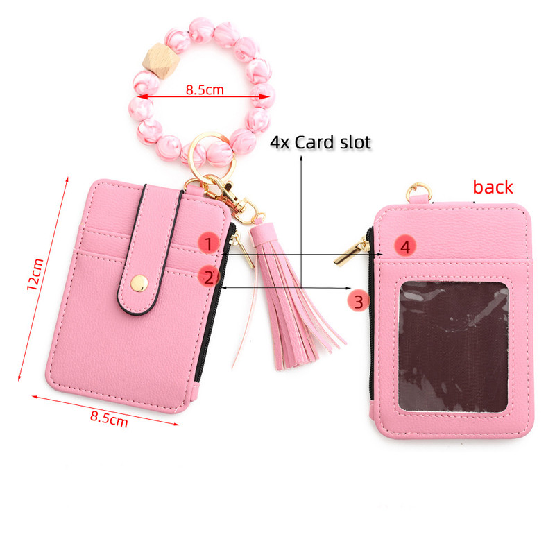 2-PCS Purple Silicone Bead Keychain Bracelet Wallet PU Leather ID Card Holder with Tassel Wristlet Bangle for Women