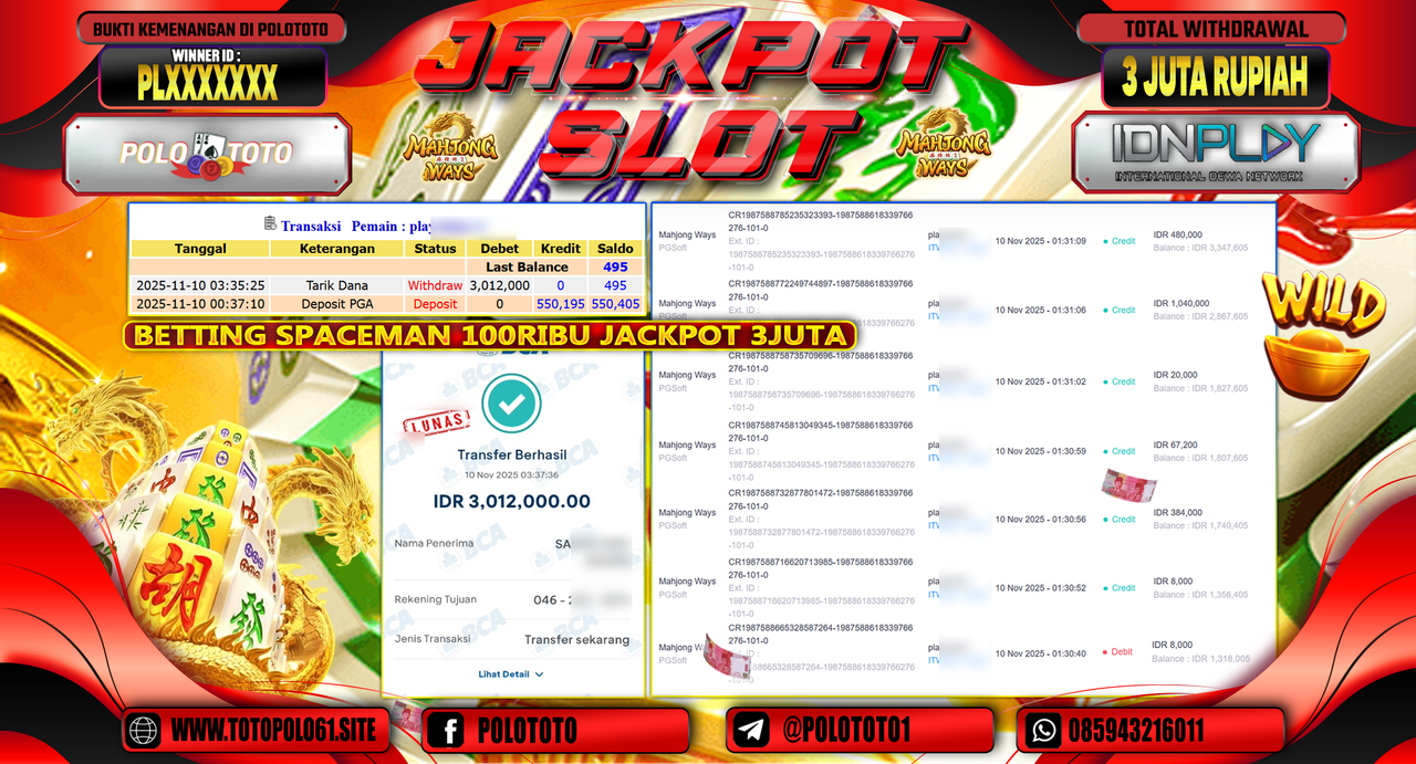 POLOTOTO JACKPOT SLOT MAHJONG WAYS Rp.3.000.000,- LUNAS