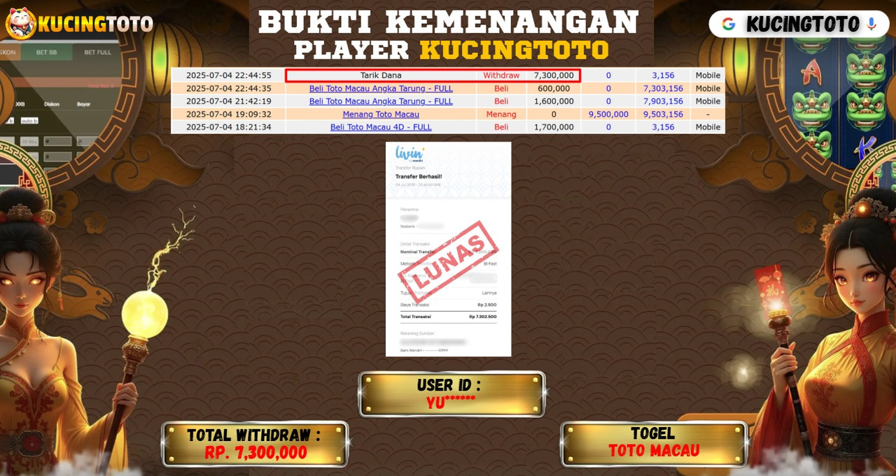 KUCINGTOTO JACKPOT TOGEL TOTO MACAU RP.7.300.000.,- LUNAS