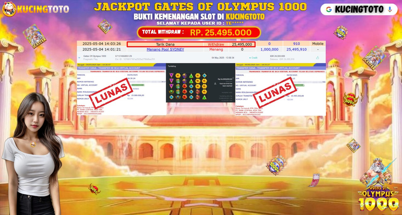 KUCINGTOTO JACKPOT SLOT GATES OF OLYMPUS 1000 RP.25.495.000.,- LUNAS