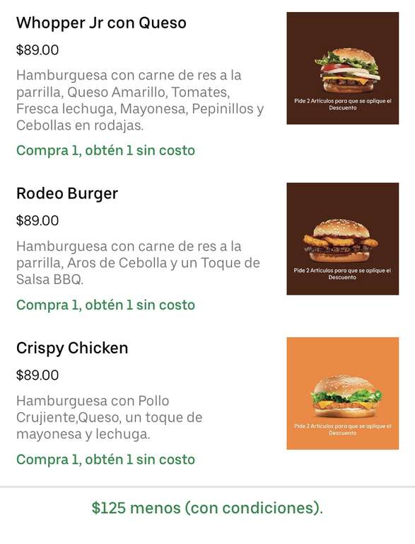 UberEats: Burguer King 4 hamburguesas por 53 pesos 
