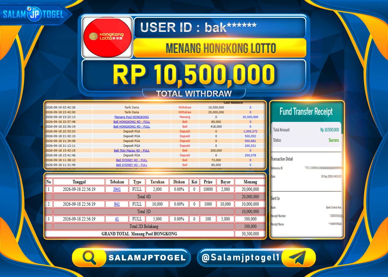 SALAMJPTOGEL JACKPOT MENANG TOGEL HONGKONG LOTTO Rp.10,500,000 - LUNAS