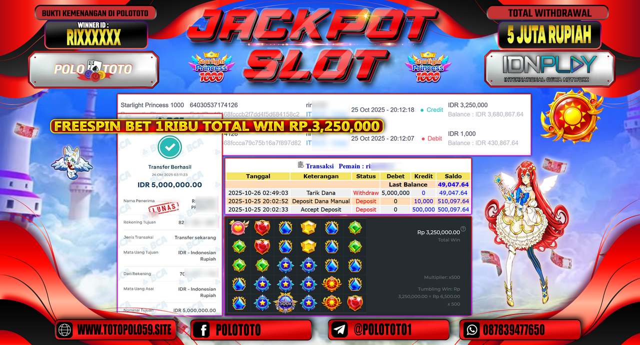 POLOTOTO JACKPOT SLOT STARLIGHT PRINCESS 1000 Rp.5.000.000,- LUNAS