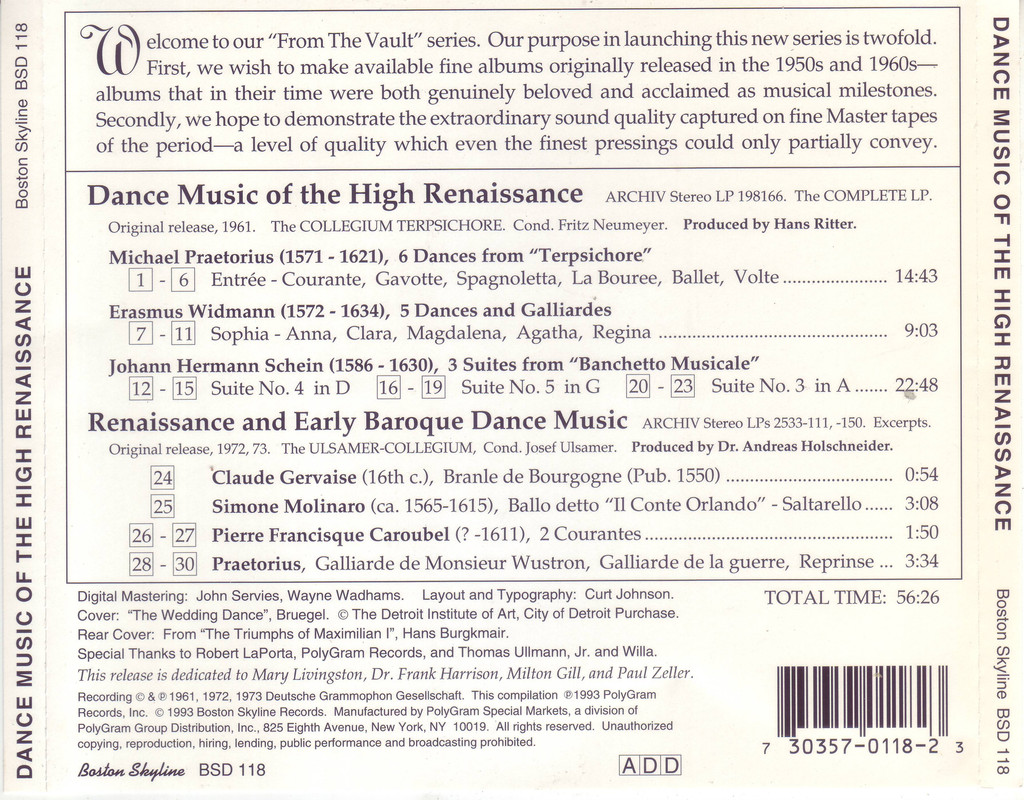 Collegium Terpsichore Dance Music of the High Renaissance 1961 Archiv reissue FLAC