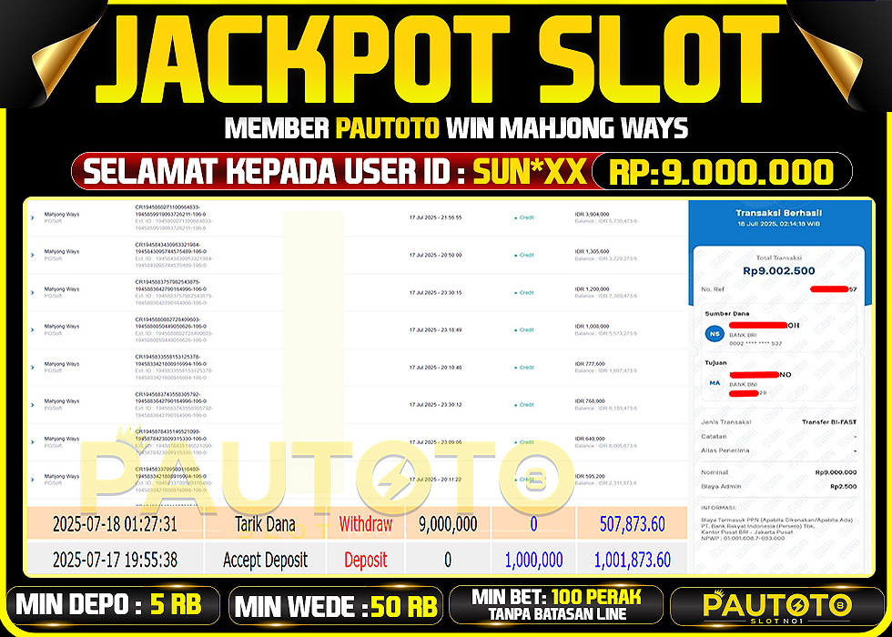 BUKTI PEMBAYARAN TGL 18 JULY 2025 MENANG DI PERMAINAN MAHJONG WAYS TOTAL WD 9 JUTA