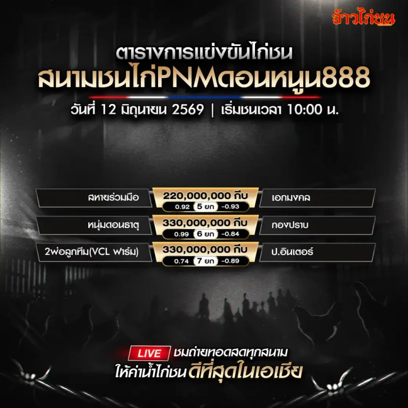 โปรแกรมไก่ชน สนามชนไก่PNMดอนหนูน888 วันที่ 12 มิถุนายน 2569