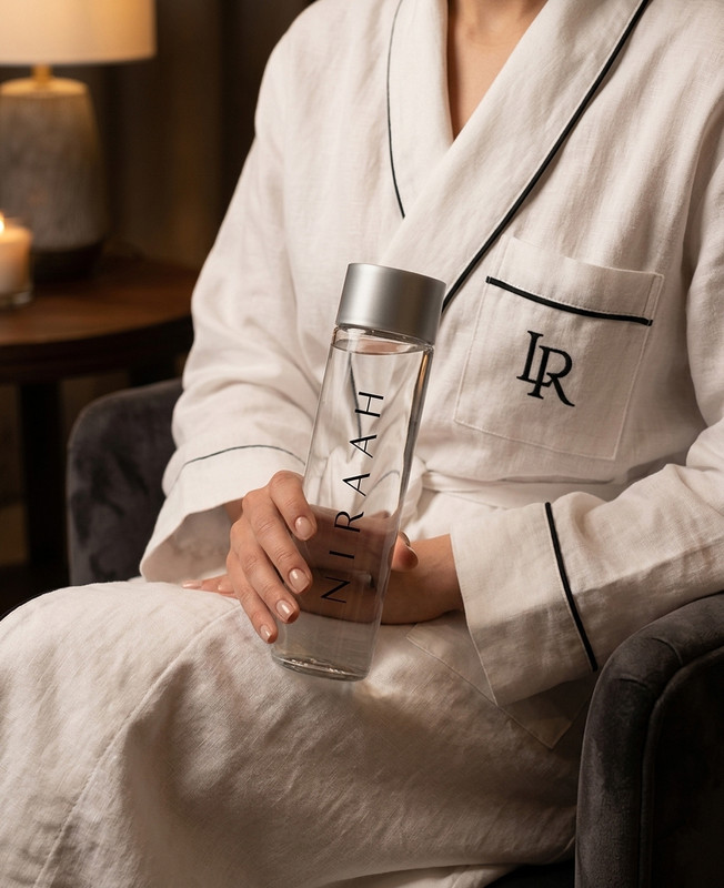 Person in a luxurious robe holding a Niraah bottle, representing intimate hospitality