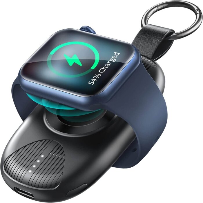 Cargador portátil magnético para Apple Watch con diseño de llavero.