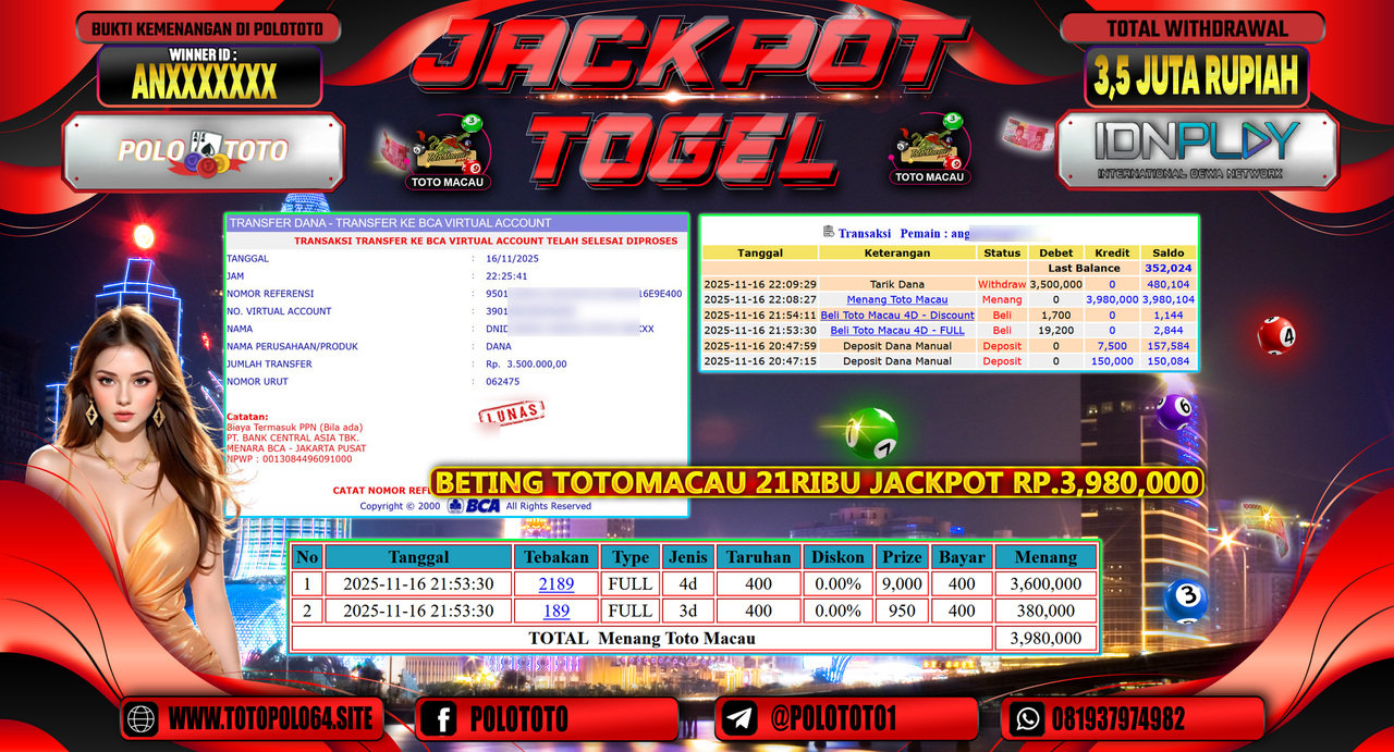 POLOTOTO JACKPOT TOGEL MENANG TOTO MACAU Rp.3.500.000,- LUNAS