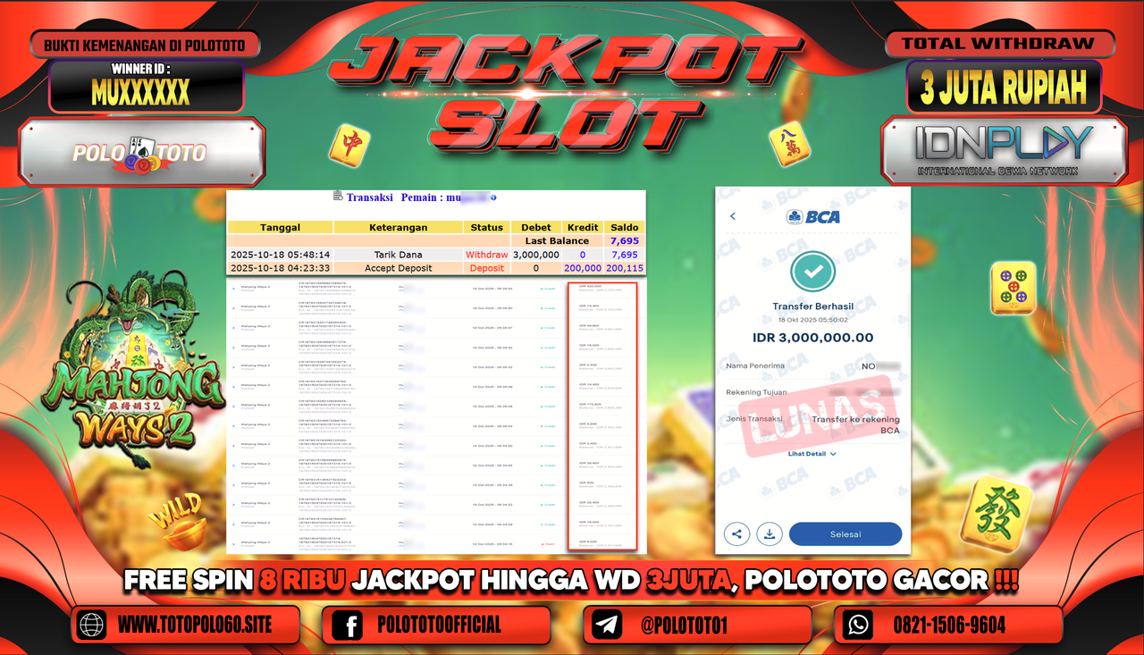 POLOTOTO JACKPOT SLOT MAHJONG WAYS 2 Rp.3.000.000,- LUNAS
