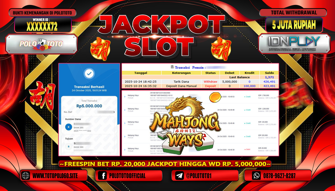 POLOTOTO JACKPOT SLOT MAHJONG WAYS Rp.5.000.000,- LUNAS