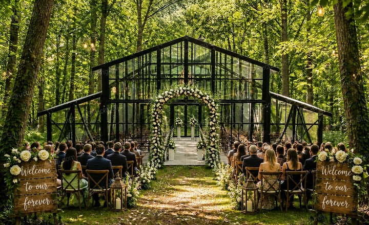 Atrium wedding tent set among vineyards at a wine estate with glass walls and natural light