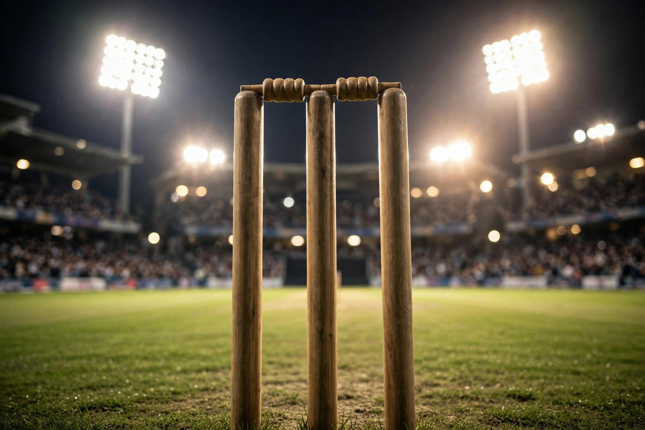 Cricket stumps under blazing stadium floodlights at night