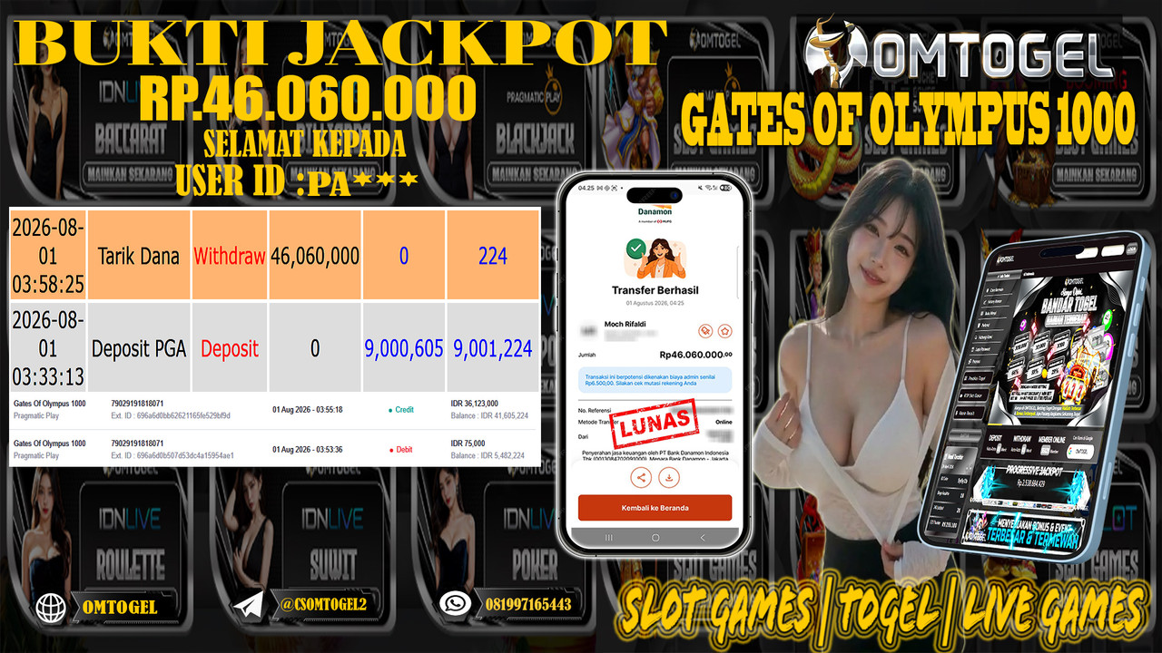 OMTOGEL JACKPOT PRAGMATICPLAY GATES OF OLYMPUS 1000  Rp,46,060,000,- DIBAYAR LUNAS
