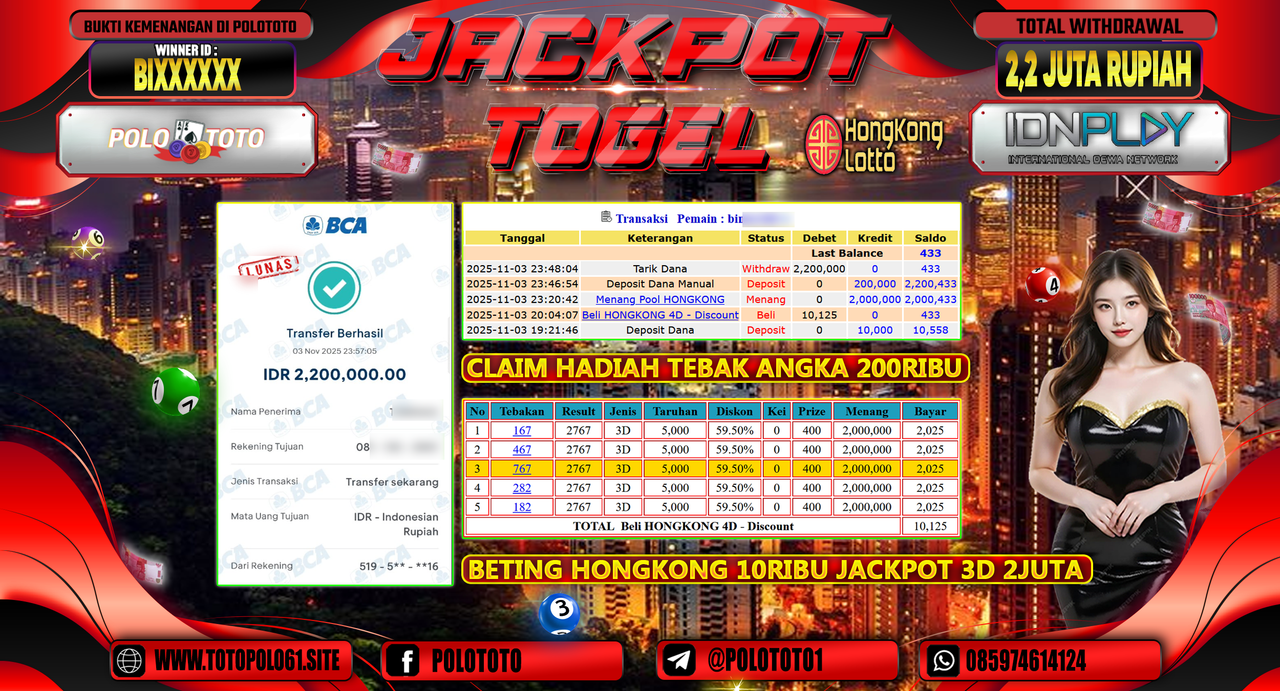 POLOTOTO JACKPOT TOGEL MENANG HONGKONG LOTTO Rp.2.200.000,- LUNAS
