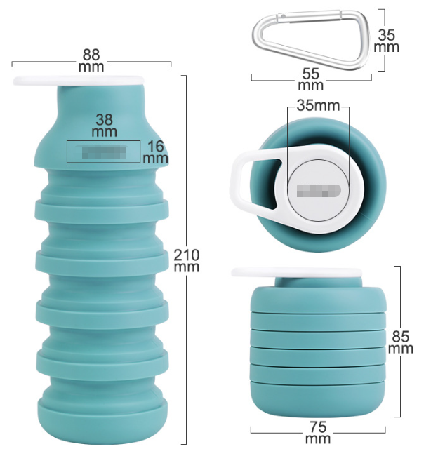 Pink Collapsible Silicone Water Bottle Portable Travel Sports Cup with Carabiner Clip Foldable Design for Camping Hiking & Gym Teal