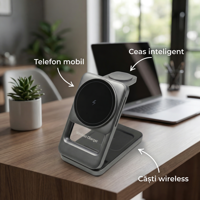 Incarcator Wireless Statie Incarcare 3 In 1 Qi2 Fast Charger 25W, Compatibil Magsafe, Daden®, Incarcare Rapida, Stand desktop pentru telefon, ceas si casti, Panou din sticla, Gri titan fh CGi8SRp6f Fbh QX Bv MQ JRMyo2Ym Stm Qkk Qbruq U7g