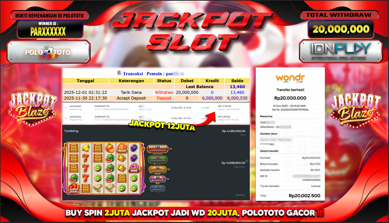 POLOTOTO JACKPOT SLOT JACKPOT BLAZE Rp.20.000.000,- LUNAS