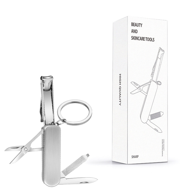 2-PCS Original steel colour 5-in-1 Foldable Stainless Steel Nail Clipper Multitool Keychain with Knife Scissors and File Portable Pocket Manicure Set