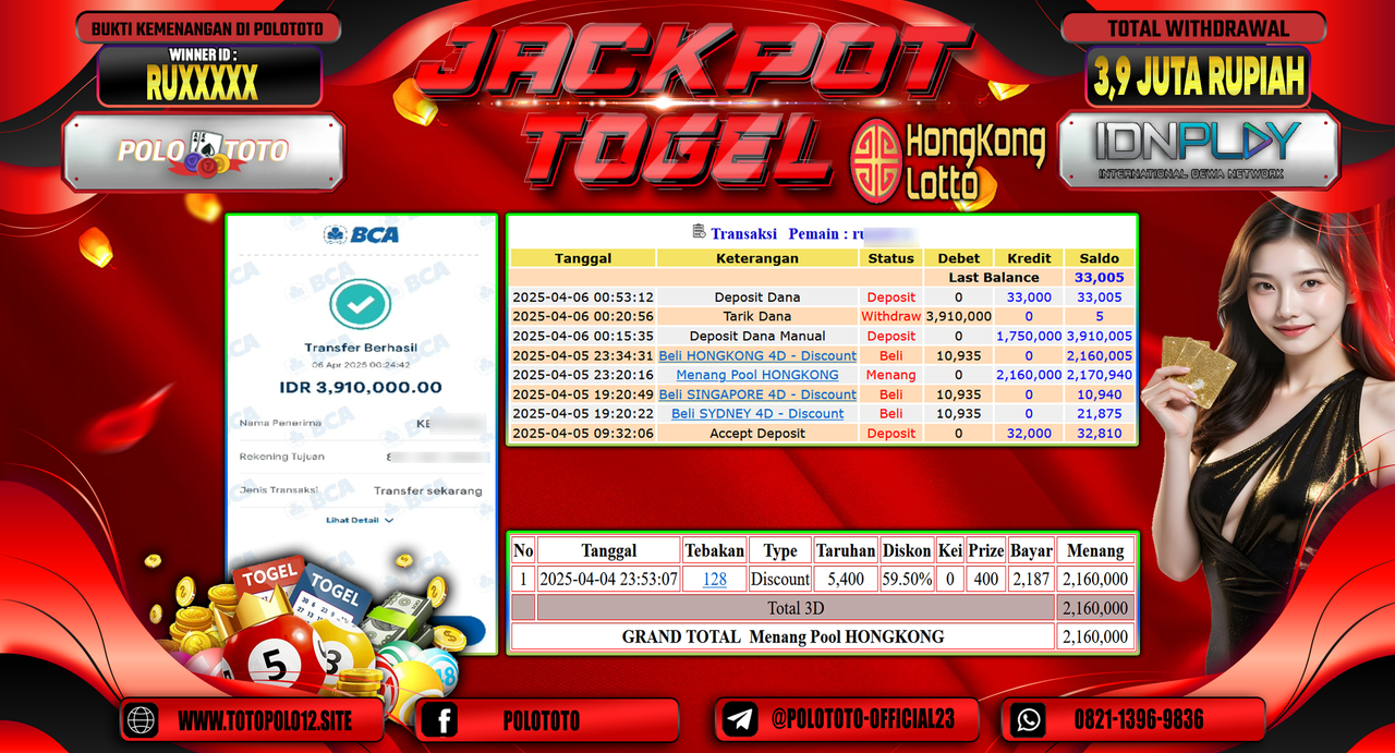 POLOTOTO JACKPOT TOGEL PASARAN HONGKONG LOTTO Rp.3.900.000,- LUNAS